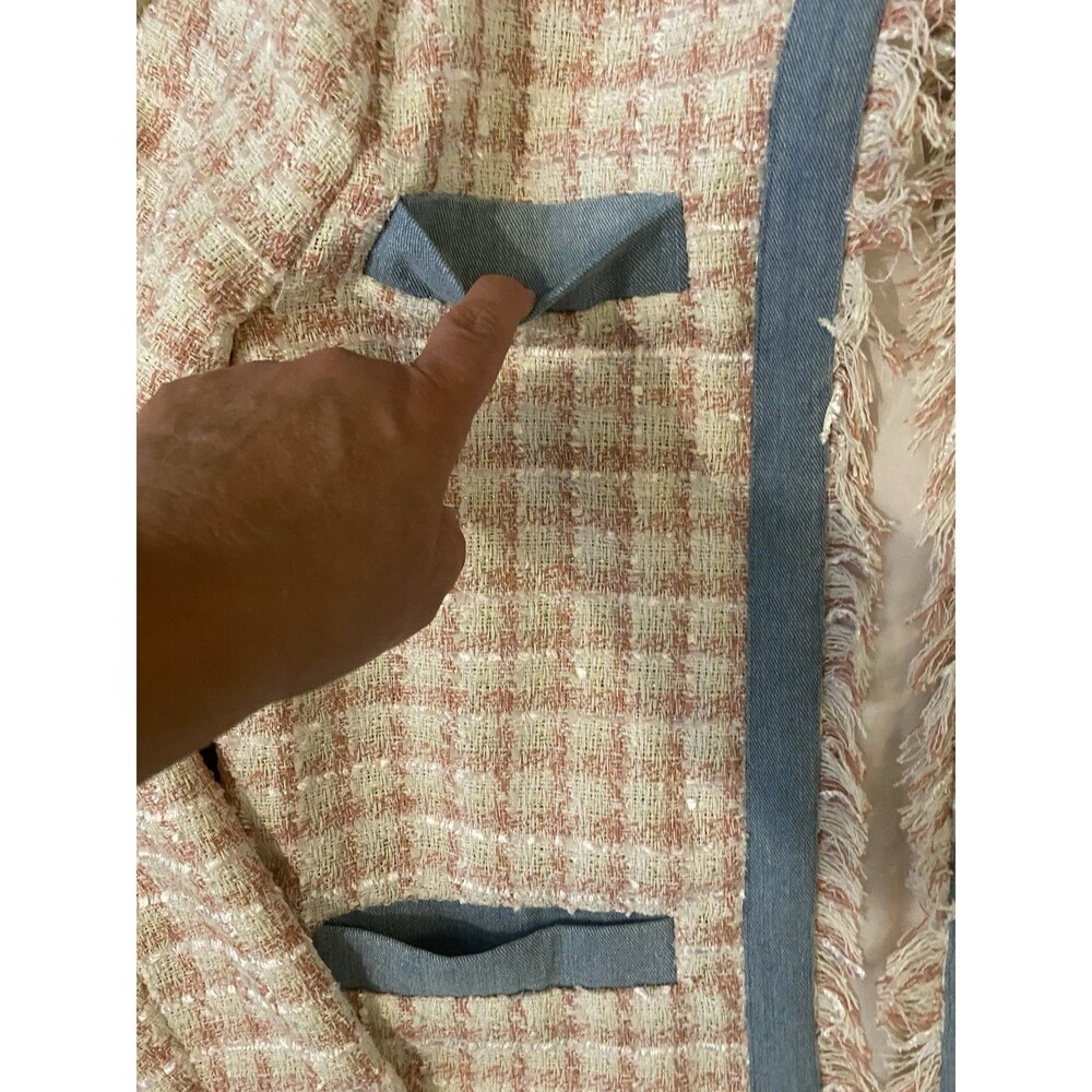 Venus Pink & Pastel Blue Tweed Fringe Open Front Longline Jacket Size 14 - Picture 6 of 16